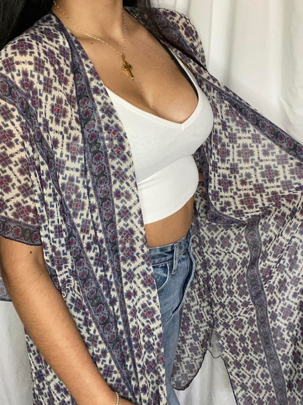 Brandy Melville Sheer Floral Kimono - Purple, White